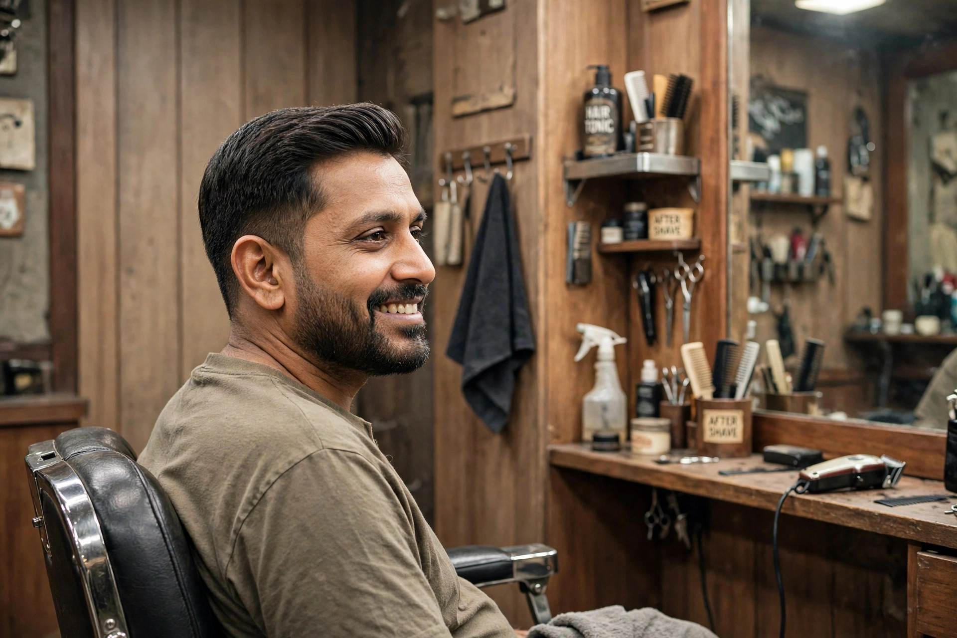 Same man with a fresh styled haircut, smiling confidently